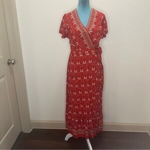 Zesica Maxi wrap dress short sleeve ruffle Red Cream Large